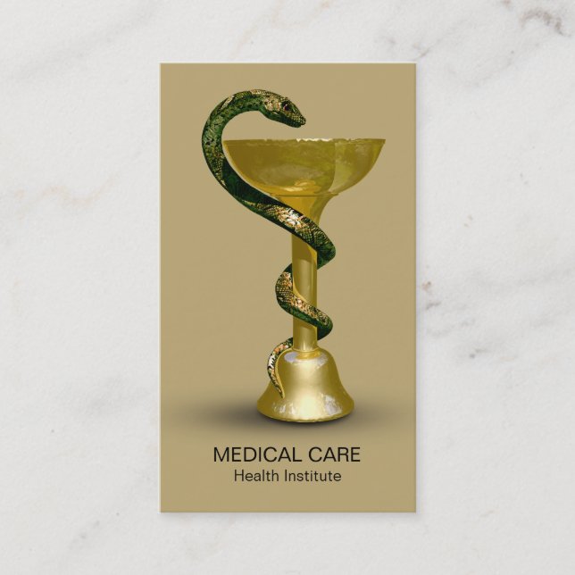 Medical Snake Bowl Hygieia Beige Gold Caduceus Business Card (Front)