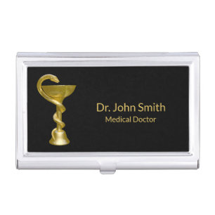 Medical Snake Bowl Hygieia Classy Gold Caduceus Business Card Case