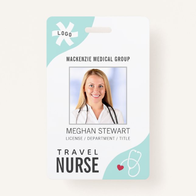 Medical Stethoscope Editable Mint TRAVEL NURSE Badge (Front)