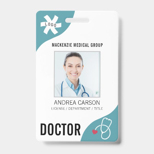 Medical Stethoscope Editable Teal DOCTOR Badge (Front)