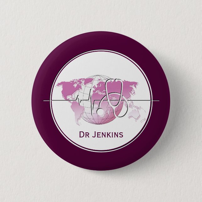 Medical Stethoscope Heartbeat World Map Button (Front)