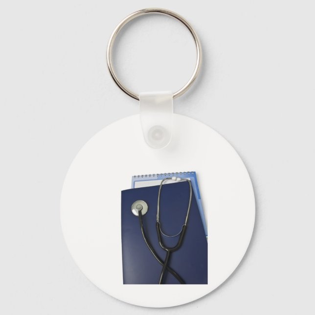 medical stethoscope on blue folder keychain (Front)