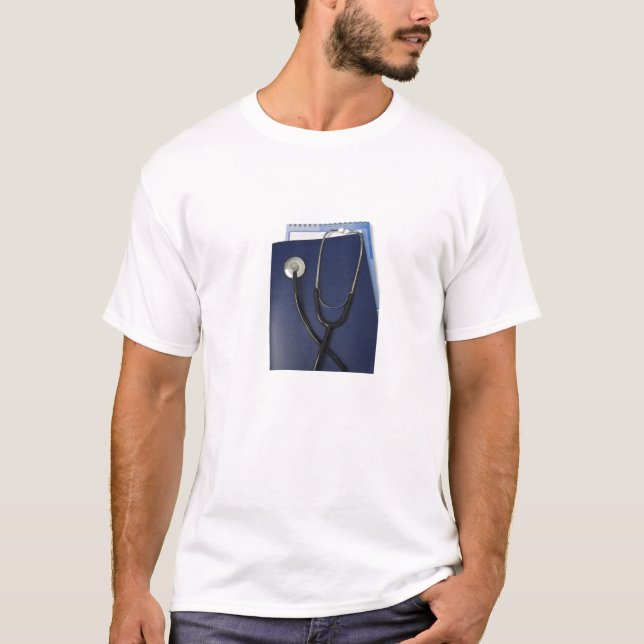 medical stethoscope on blue folder T-Shirt (Front)