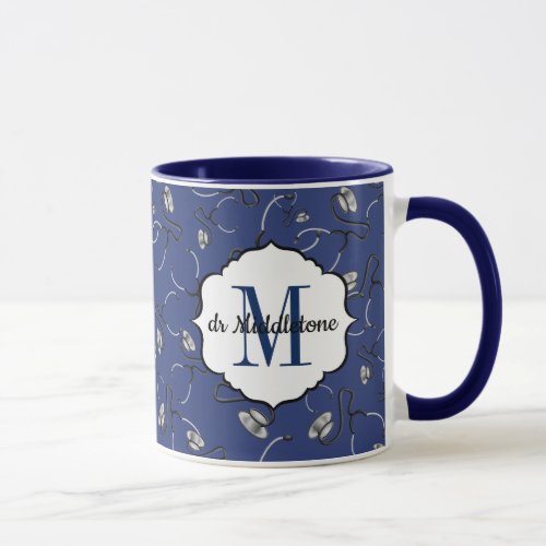 Medical stethoscopes for doctors on navy blue name mug