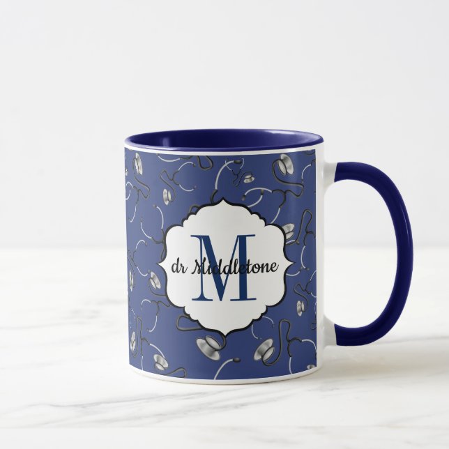 Medical stethoscopes for doctors on navy blue name mug (Right)