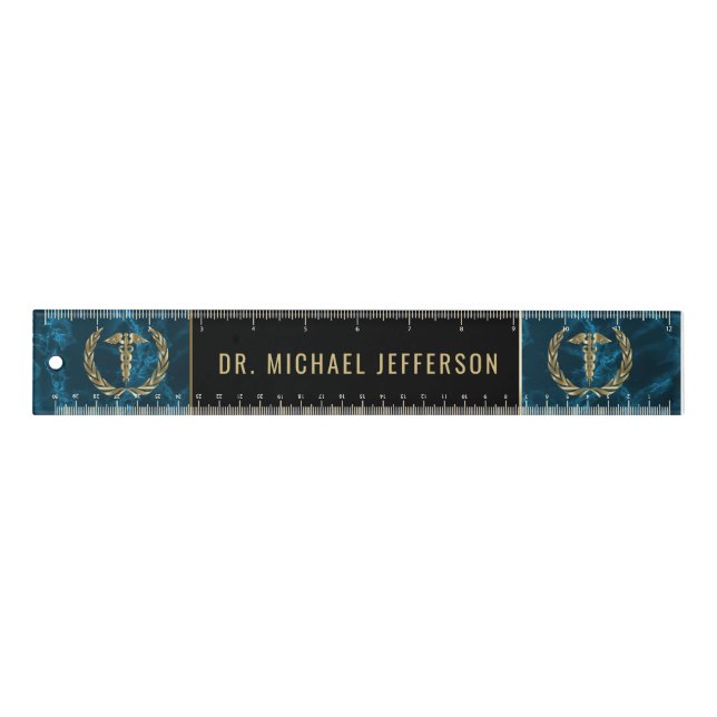 Medical Symbol - Blue Marble, Black and Gold  Ruler (Front)