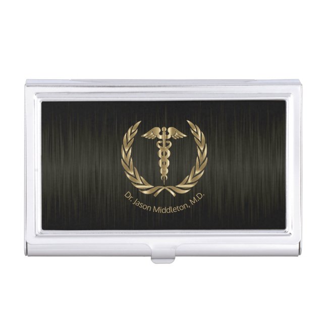 Medical Symbol - Brush Black and Gold Business Card Case (Front)