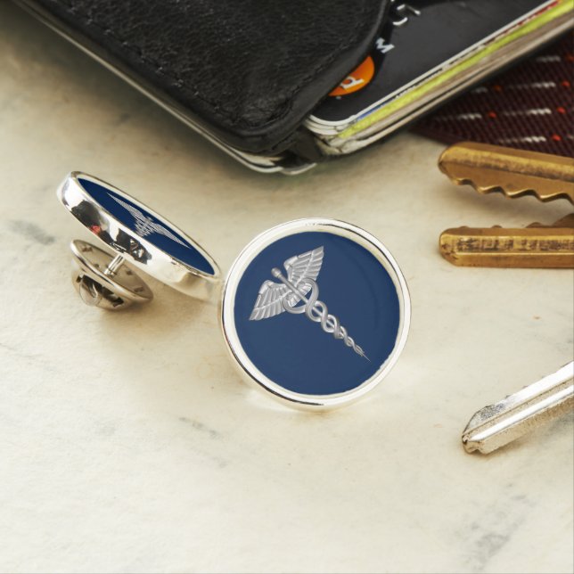 Medical Symbol - Caduceus - Navy Blue Silver Finis Lapel Pin (In Situ)
