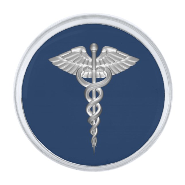Medical Symbol - Caduceus - Navy Blue Silver Finish Lapel Pin (Front)
