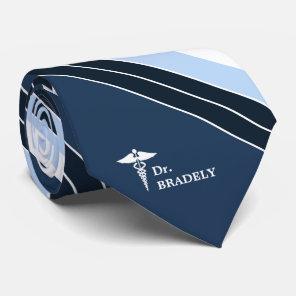 Medical Symbol Custom Name Navy Blue Striped Tie