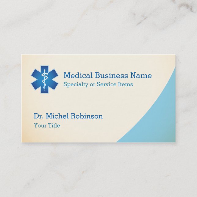 Medical Symbol Staff of Asclepius - Cream Blue Business Card (Front)
