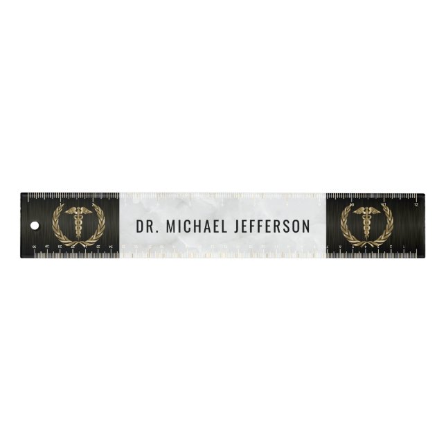 Medical Symbol - White Marble, Black and Gold Rule Ruler (Front)