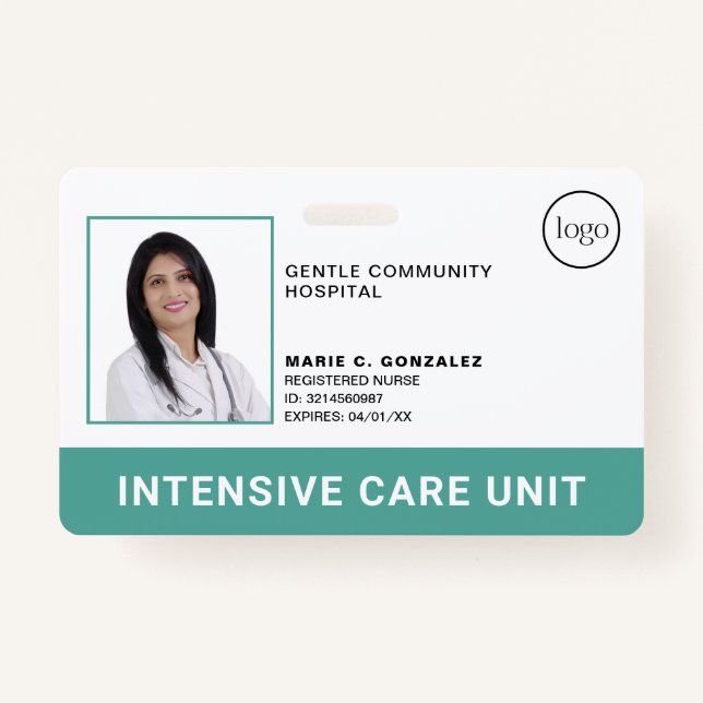 Medical Teal Green Hospital Logo Photo ID Badge (Front)