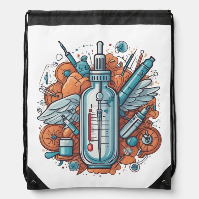 Medical Vial Art – Syringe & Pill Bottle Wings  Drawstring Bag (Front)