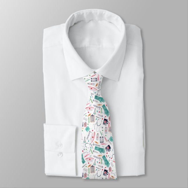 Medical Watercolor pattern Neck Tie (Tied)
