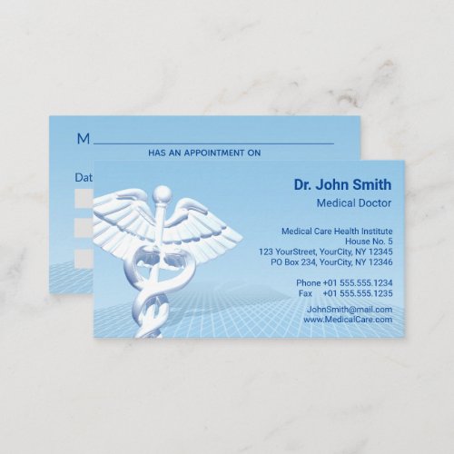 Medical White 3D Caduceus Blue Design Appointment Card