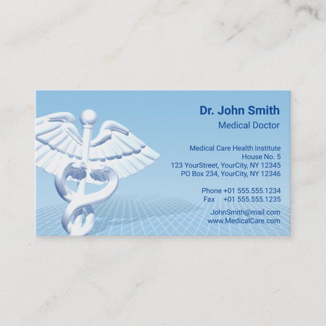 Medical White 3D Caduceus Blue Design Business Card (Front)