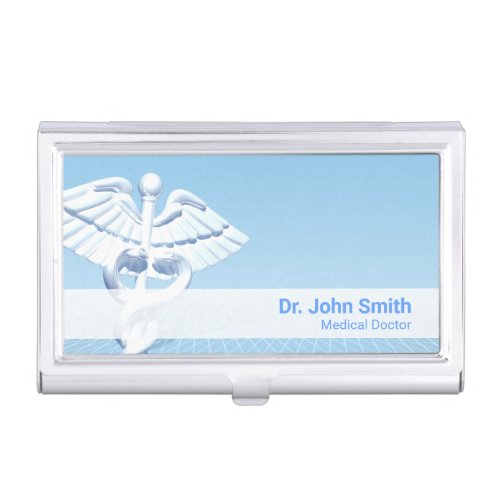 Medical White 3D Caduceus Blue Design Business Card Case