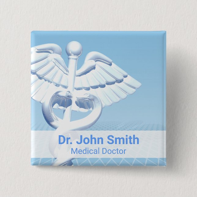 Medical White 3D Caduceus Blue Design Button (Front)