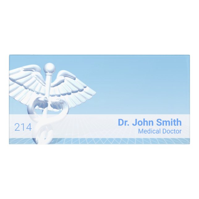 Medical White 3D Caduceus Blue Design Door Sign (Classic Front)