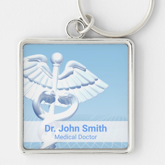 Medical White 3D Caduceus Blue Design Keychain (Front)