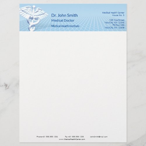 Medical White 3D Caduceus Blue Design Letterhead