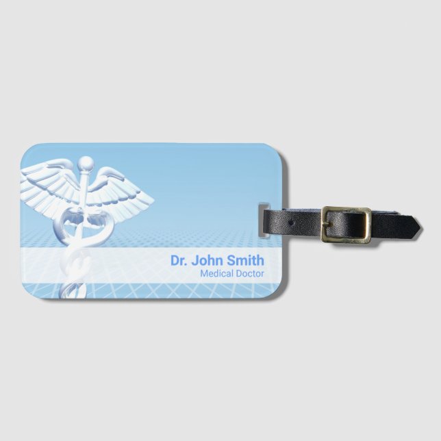 Medical White 3D Caduceus Blue Design Luggage Tag (Front Horizontal)