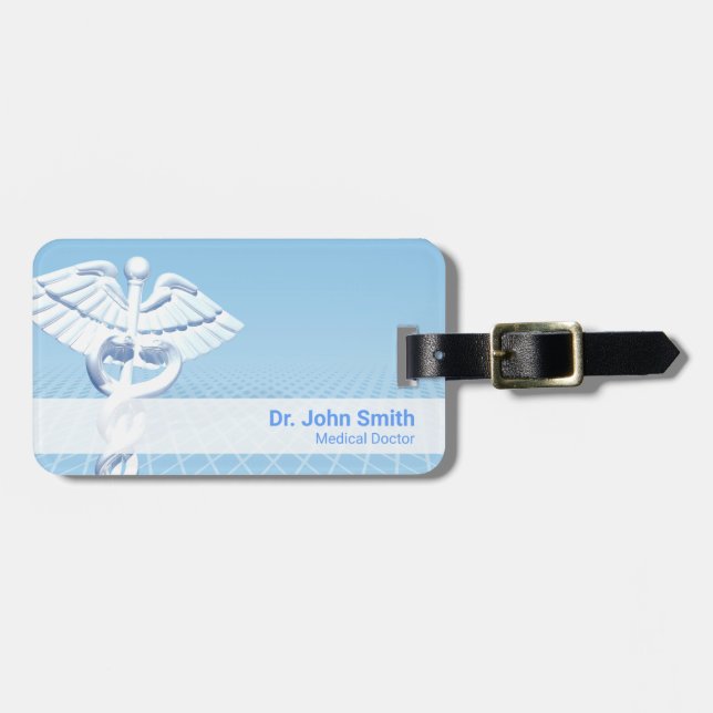 Medical White 3D Caduceus Blue Design Luggage Tag (Front Horizontal)