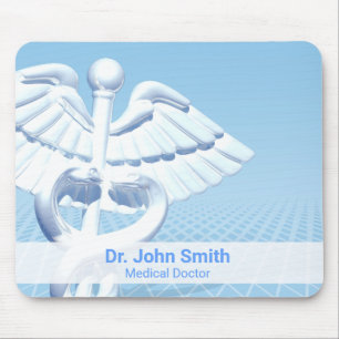 Medical White 3D Caduceus Blue Design Mouse Pad