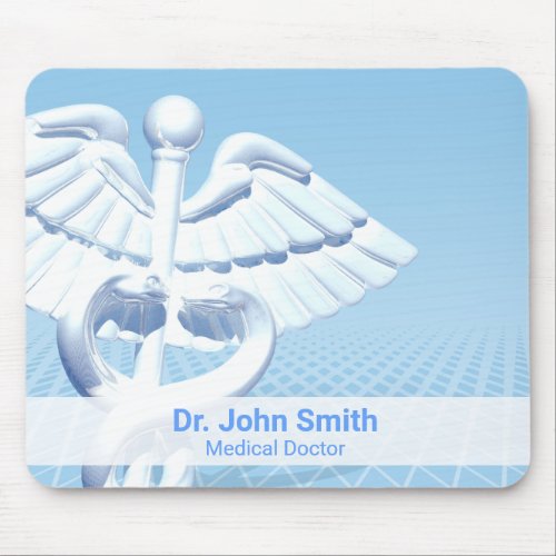 Medical White 3D Caduceus Blue Design Mouse Pad