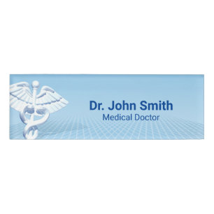 Medical White 3D Caduceus Blue Design Name Tag