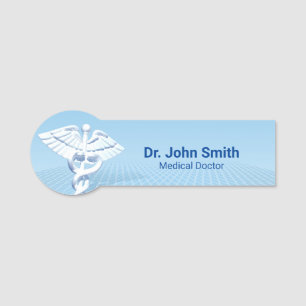 Medical White 3D Caduceus Blue Design Name Tag