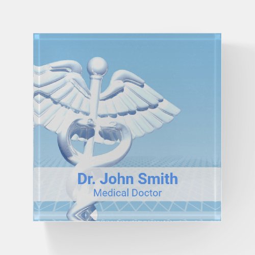 Medical White 3D Caduceus Blue Design Paperweight