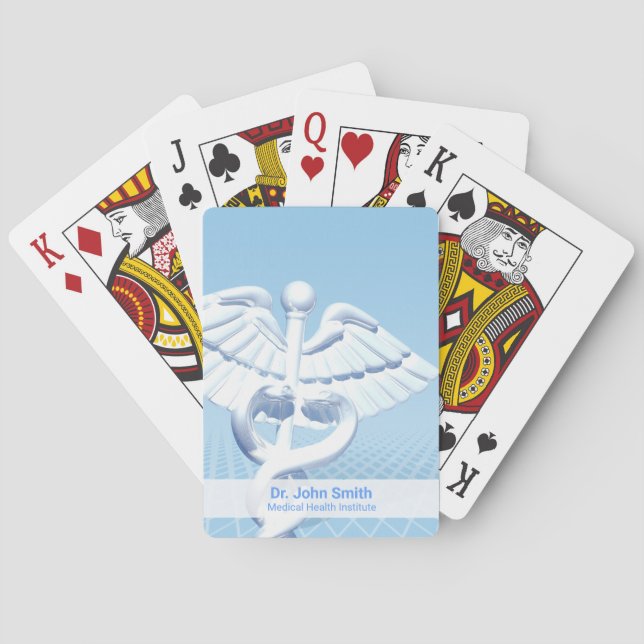 Medical White 3D Caduceus Blue Design Poker Cards (Back)