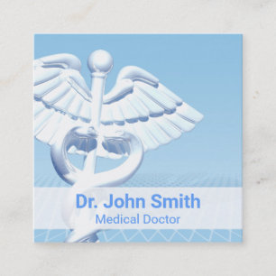 Medical White 3D Caduceus Blue Design Square Business Card
