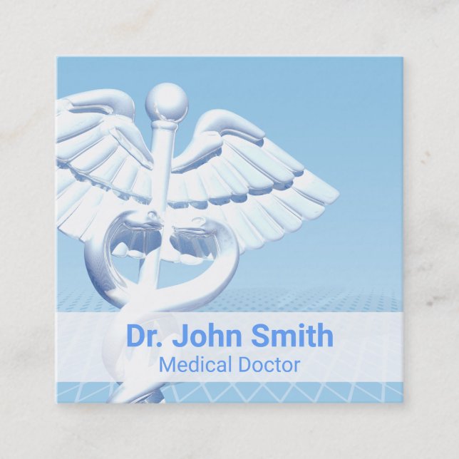 Medical White 3D Caduceus Blue Design Square Business Card (Front)