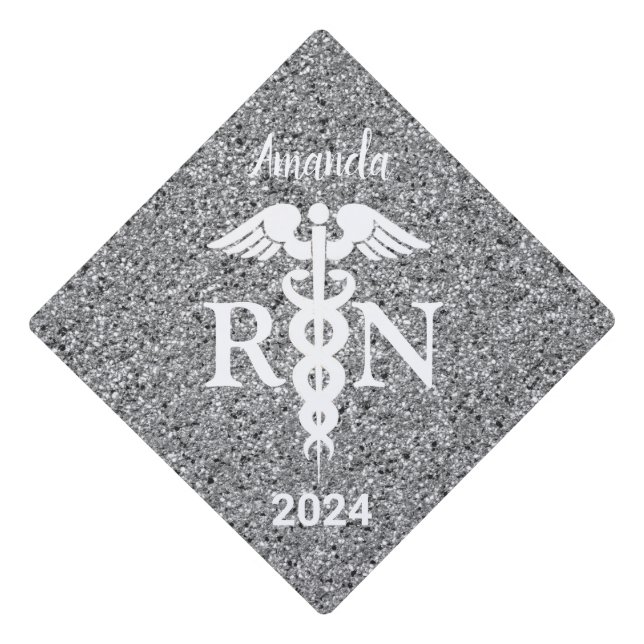 Medical White Caduceus Silver Glitter Personalized Graduation Cap Topper (Front)