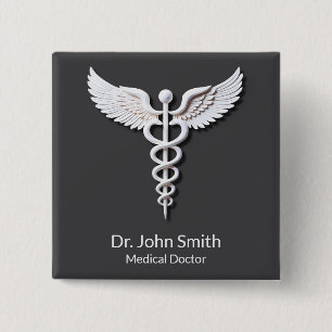 Medical White Detailed Clean Caduceus Anthracite Button