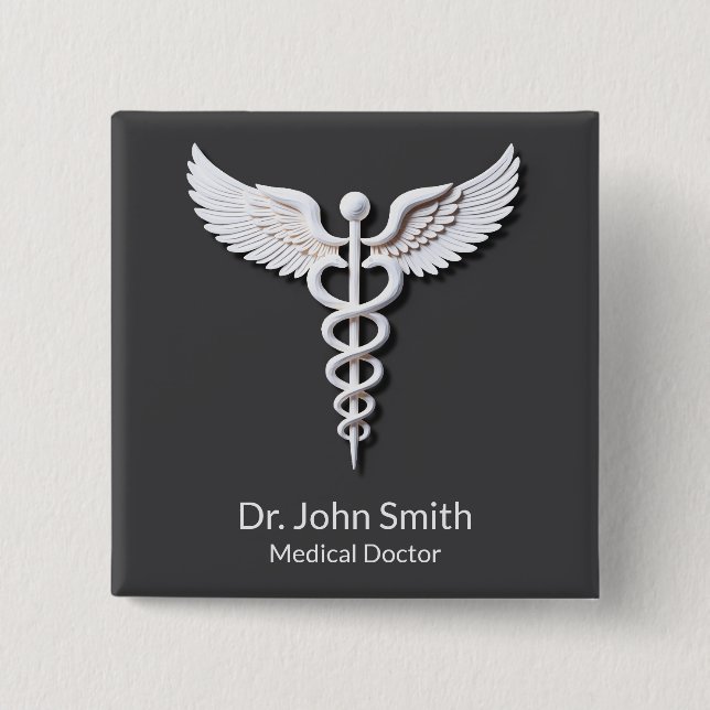 Medical White Detailed Clean Caduceus Anthracite Button (Front)