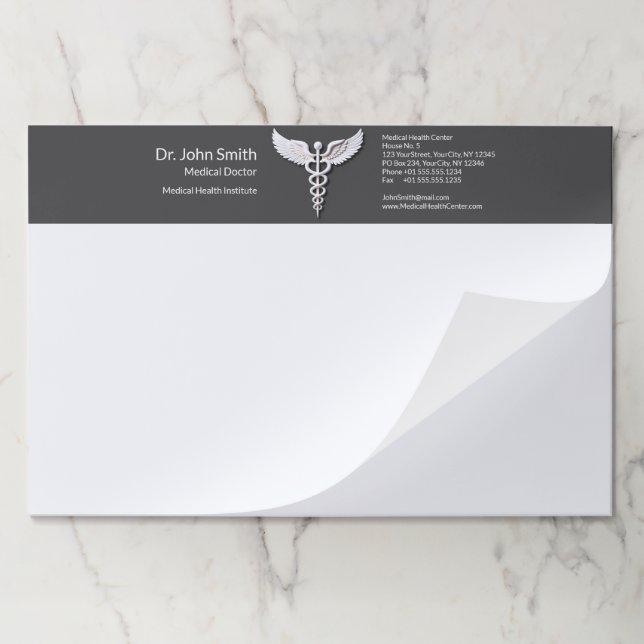 Medical White Detailed Clean Caduceus Anthracite Paper Pad (Folded)