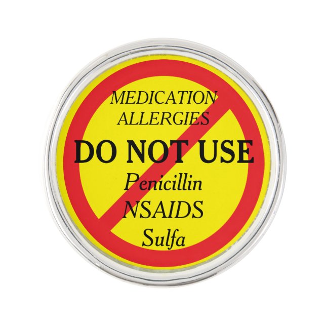 Medication Allergies Penicillin Medical Alert Lapel Pin (Front)