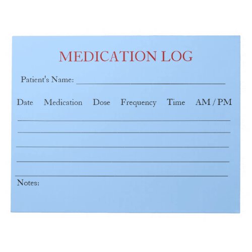 Medication Log Notepad Pale Blue