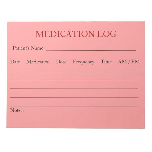 Medication Log Notepad Pink