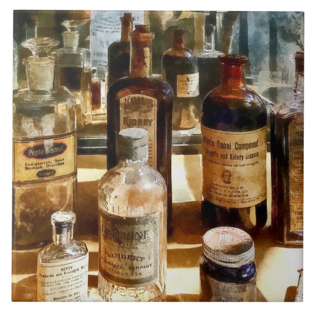Medicine Bottles in Glass Case Ceramic Tile (Front)