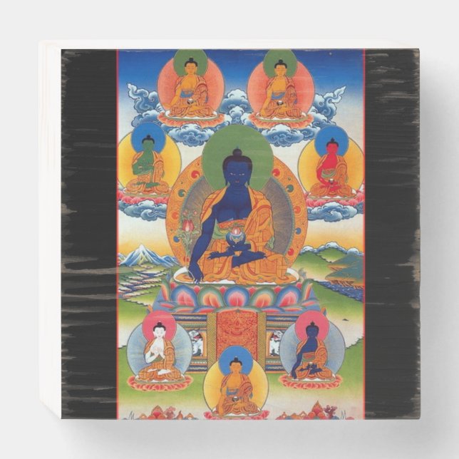 Medicine Buddha Tibetan Buddhist Art Wooden Box Sign (Front Horizontal)