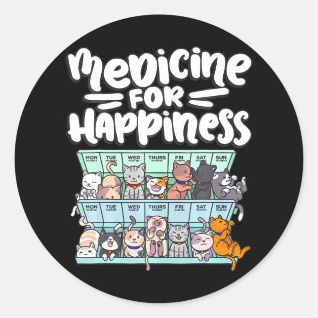 medicine for happiness pill box animals cat classic round sticker (Front)