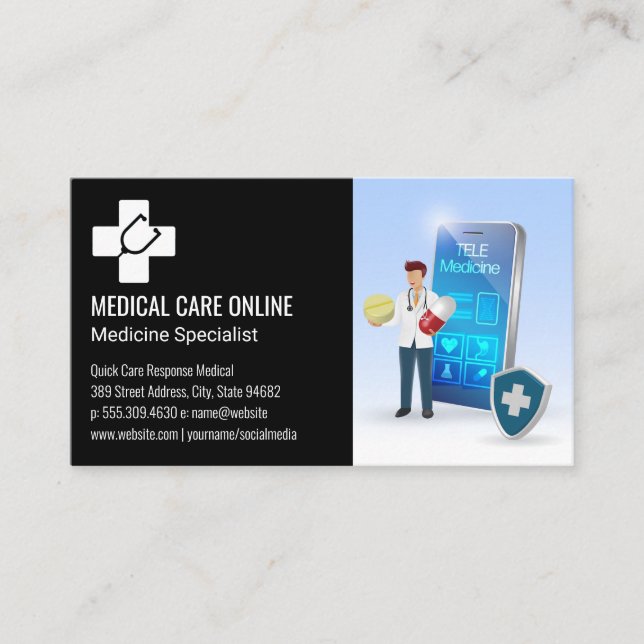 Medicine Physician Logo | Online Doctor Apps Business Card (Front)