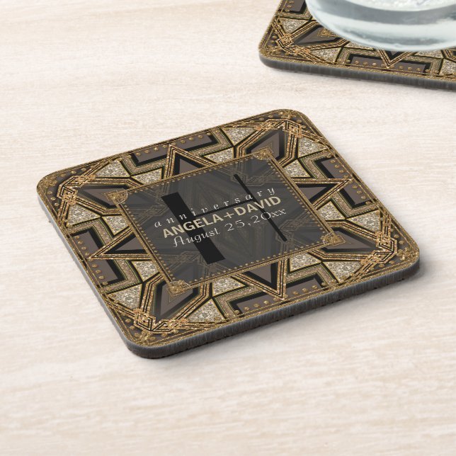 Mediev Art Deco Black Gold Wedding Anniversary Beverage Coaster (Left Side)