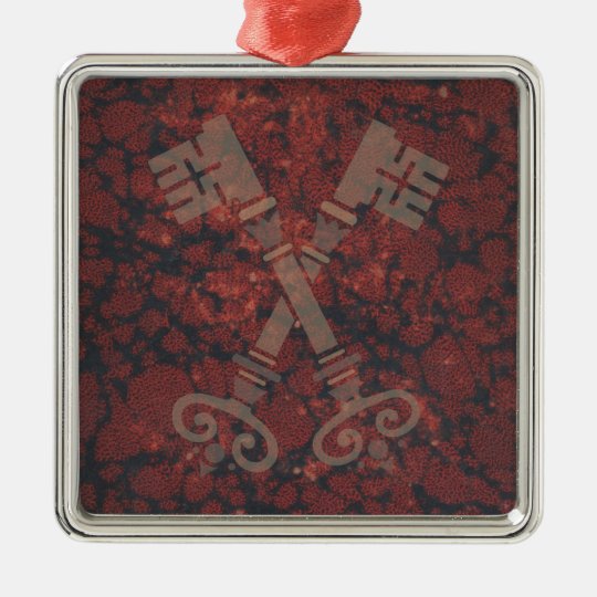 Medieval 21st keys against dark red marble metal ornament