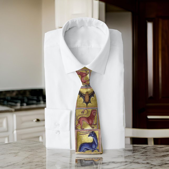 Medieval Aberdeen Bestiary Gold Blue Brown Red Neck Tie (Creator Uploaded)